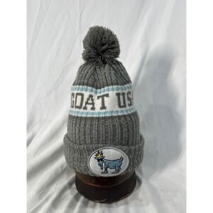 GOAT USA Grey Knit Pom Beanie Hat Blue White Cuffed Fall 2022 OSFA GTZHA005